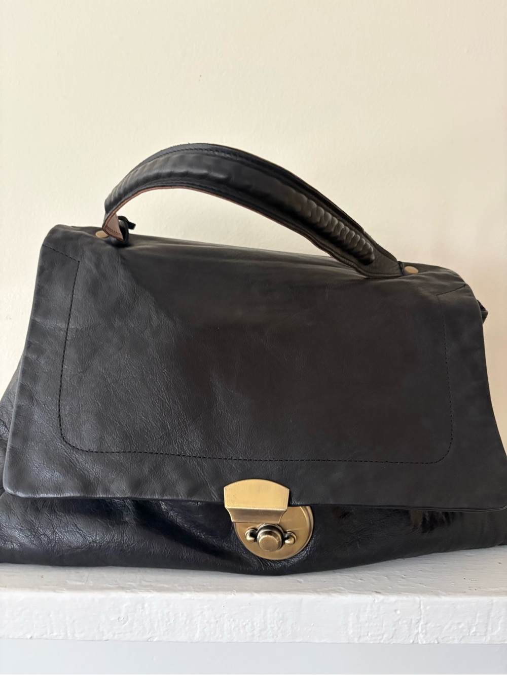Jas MB London Black Leather Top-Handle Satchel with Gold Hardware